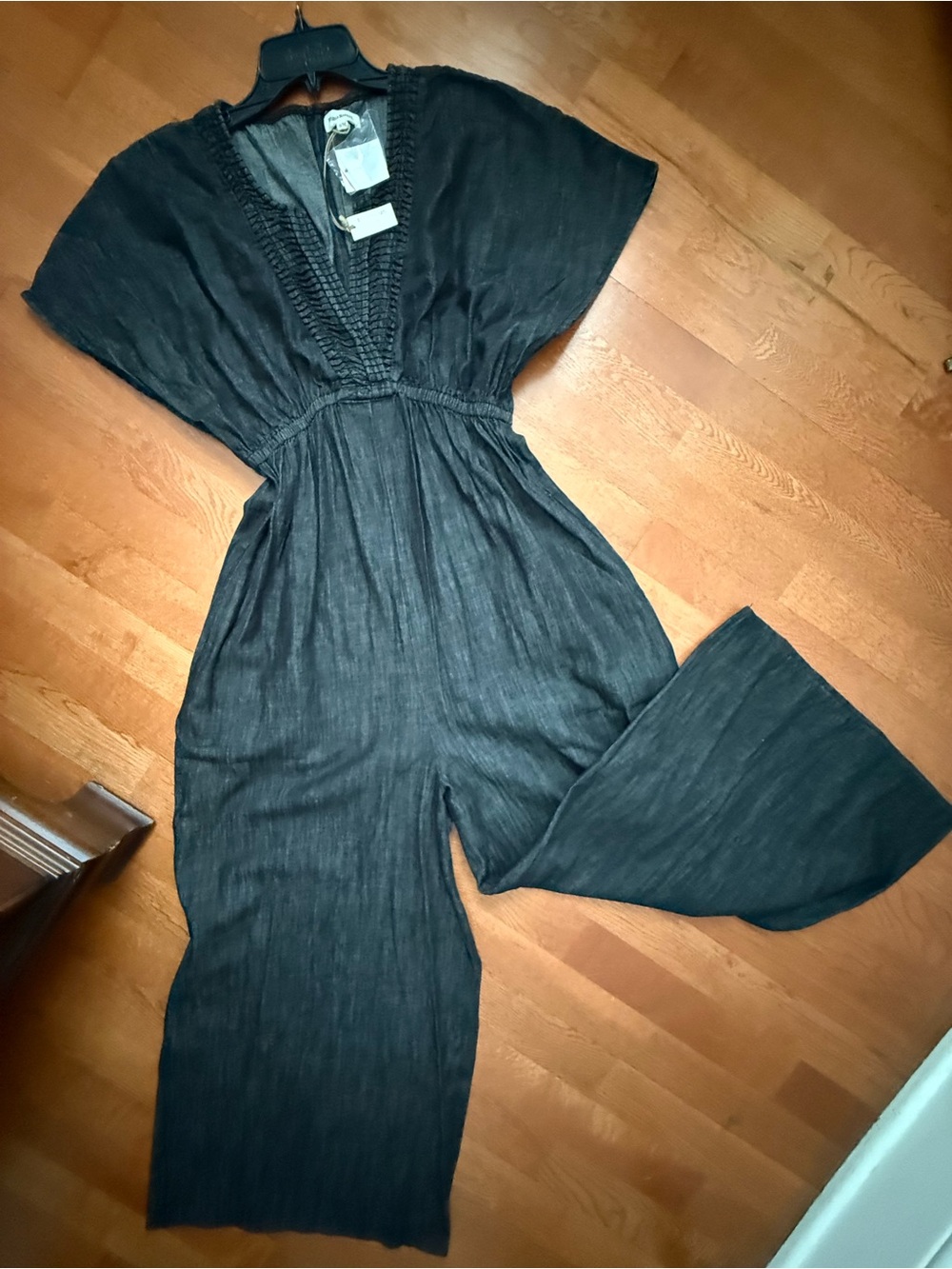 World Market dark denim V-Neck Wide-Leg Jumpsuit with Smocked Waist